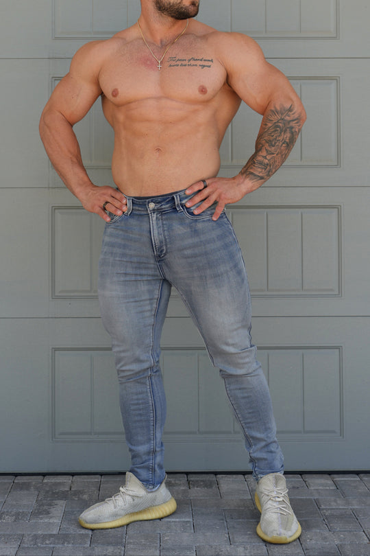Men's Premium Fitted Stretchy Jeans - Faded Blue
