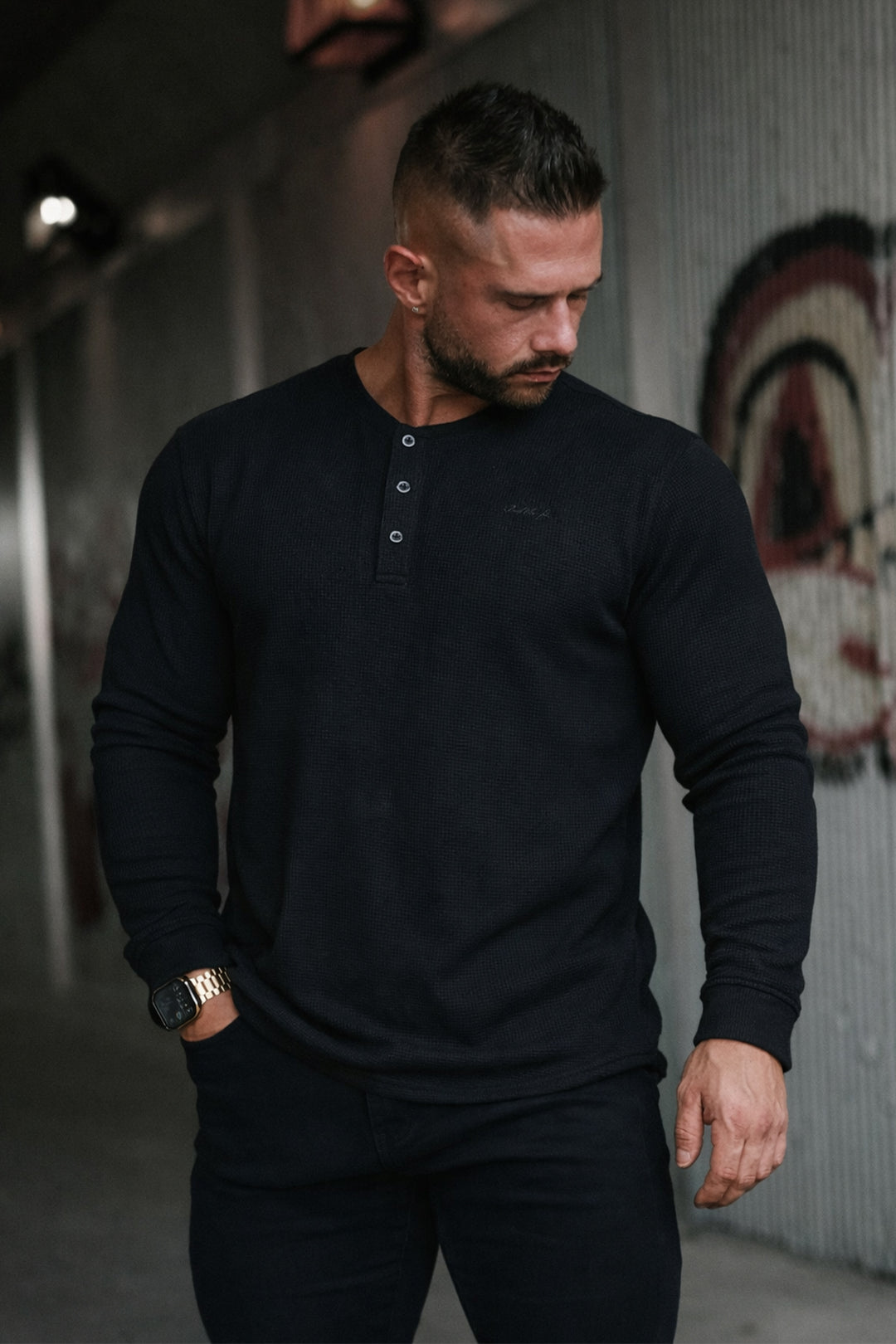 Waffle Knit Henley Long Sleeve T-Shirt - Black