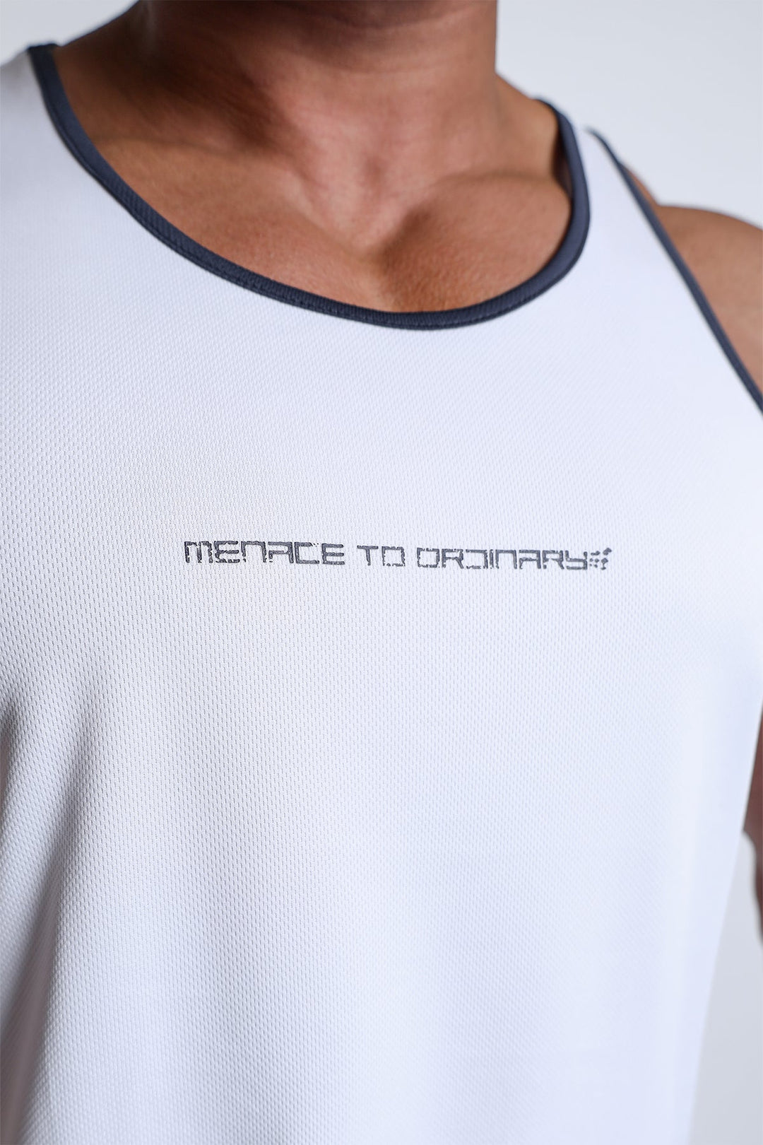 Fast-Dry Bodybuilding Workout Stringer - White w/ Navy Menace