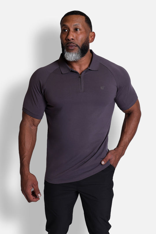 Zip-Up Muscle-Fit Collared Tee - Gray
