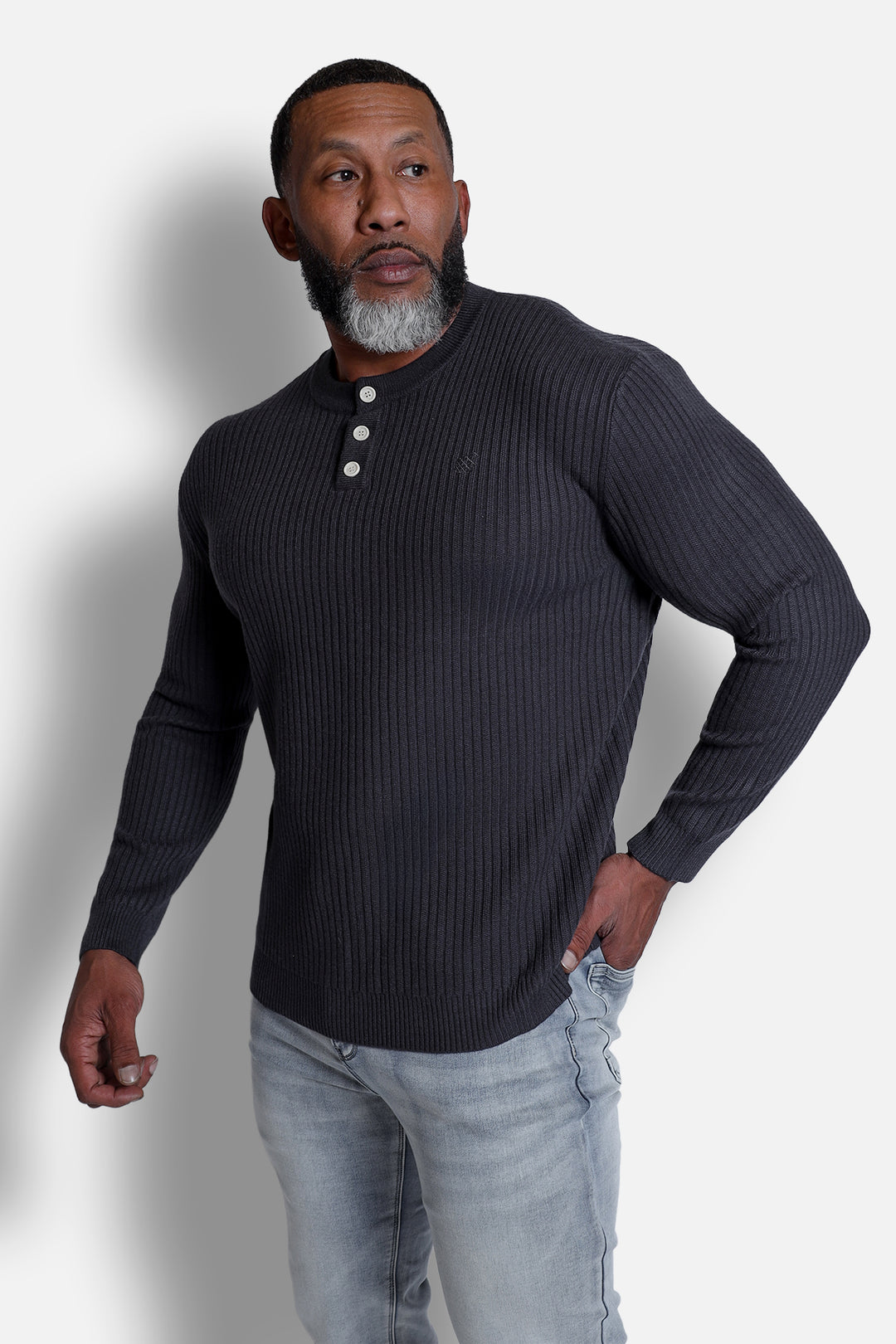 Ribbed Henley Collar Longsleeve  - Dark Gray