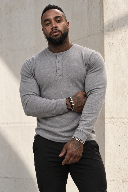 Waffle Knit Henley Long Sleeve T-Shirt - Dark Gray